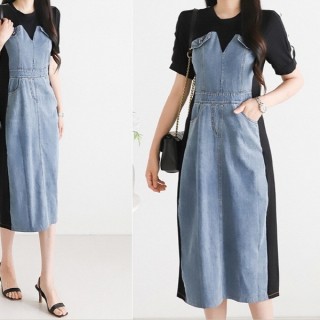 샤* 24SS DENIM DETAIL H-LINE LONG DRESS (여성)